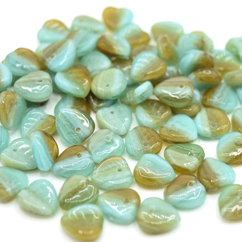 Czech Pressed Glass Leaf Beads 9mm (50pcs) - Aqua / Topaz