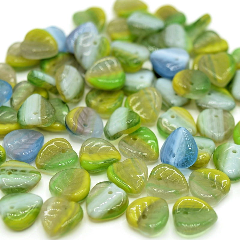 Czech Pressed Glass Leaf Beads 9mm (50pcs) - Green / Lilac