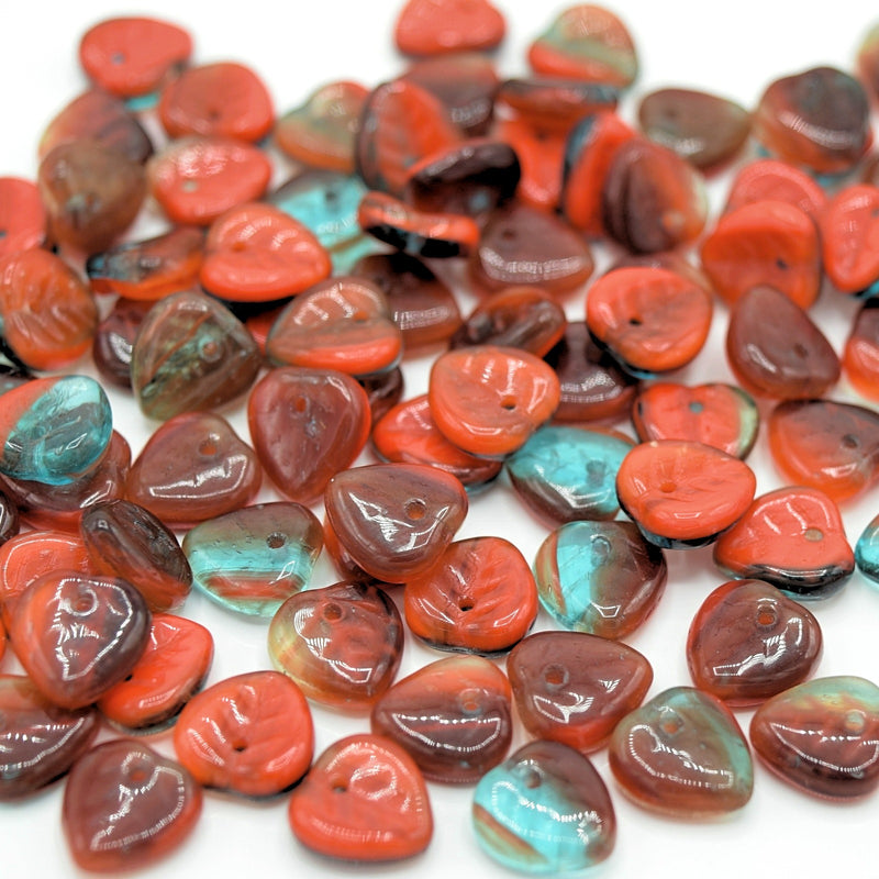 Czech Pressed Glass Leaf Beads 9mm (50pcs) - Red / Aqua