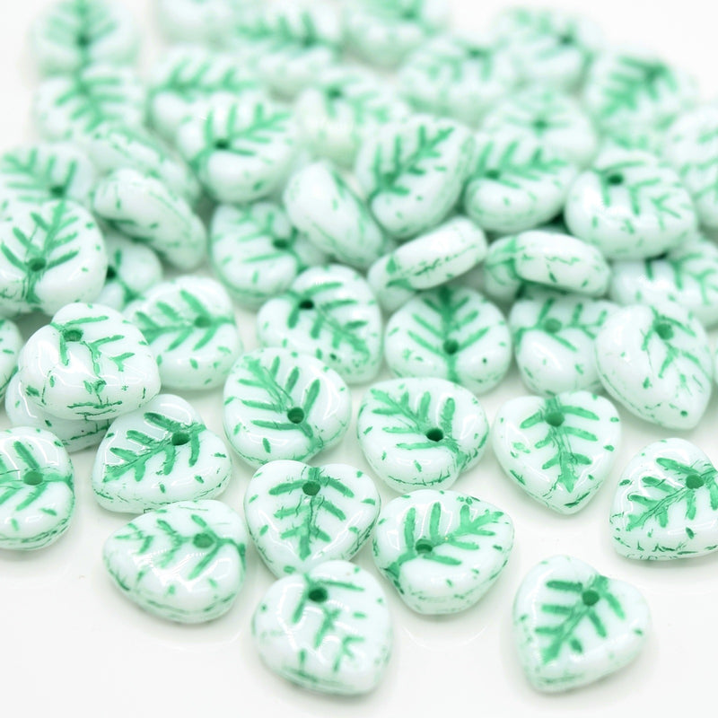 Czech Pressed Glass Leaf Beads 9mm (50pcs) - White / Green