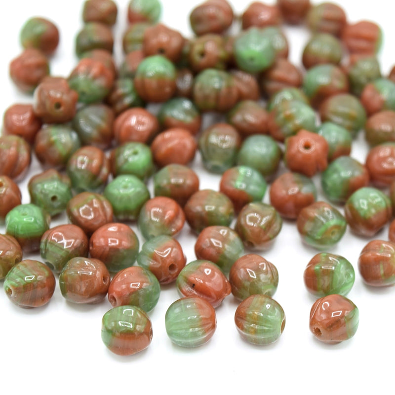 Czech Pressed Glass Melon Beads 6mm (120pcs) - Green / Orange
