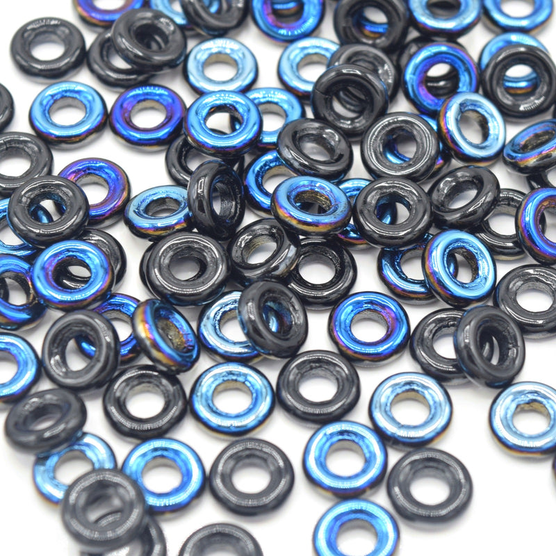 Czech Fire Polished Pressed Glass Round O Beads 9mm (30pcs) - Black / Metallic Blue