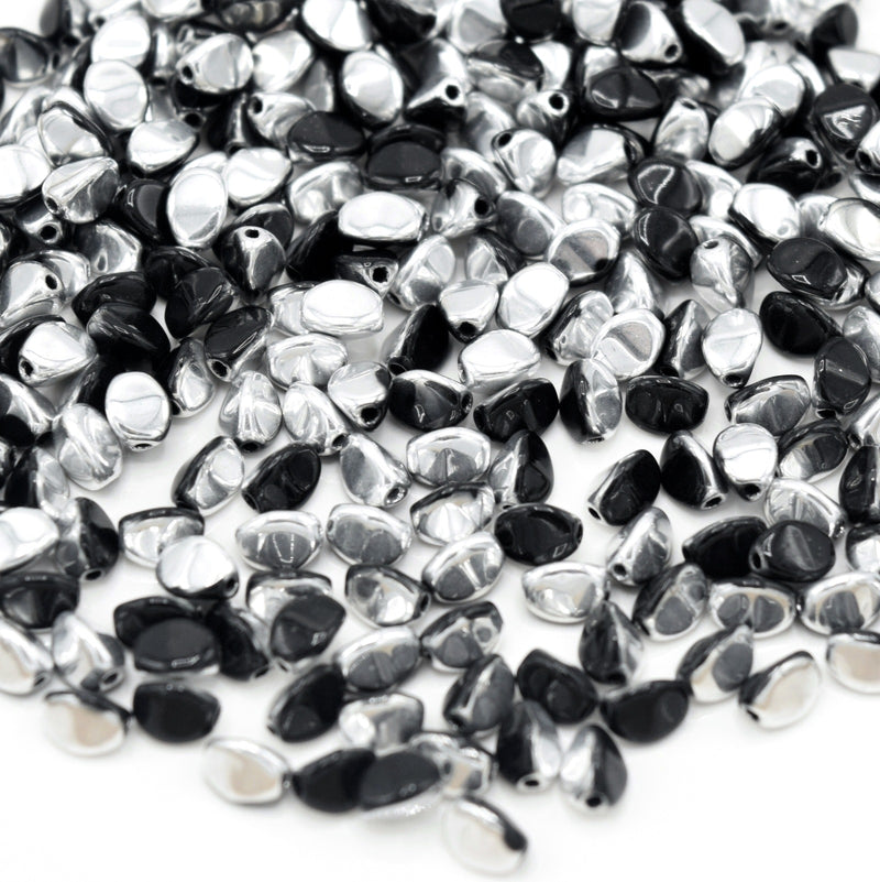Czech Pressed Glass Pinch Beads 5x3mm (120pcs) - Black / Metallic Silver
