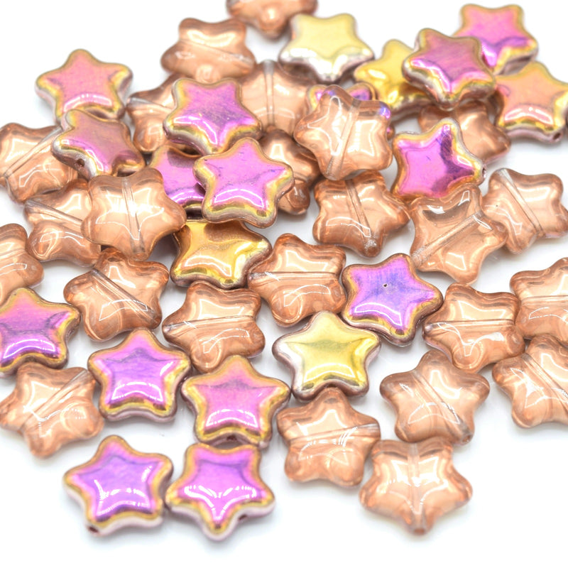 Czech Pressed Glass Star Beads 12mm (20pcs) - Peach / Pink / Gold