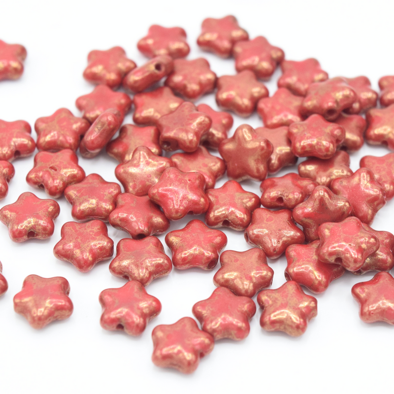 Czech Pressed Glass Star Beads 8mm (30pcs) - Red / Gold Speckle