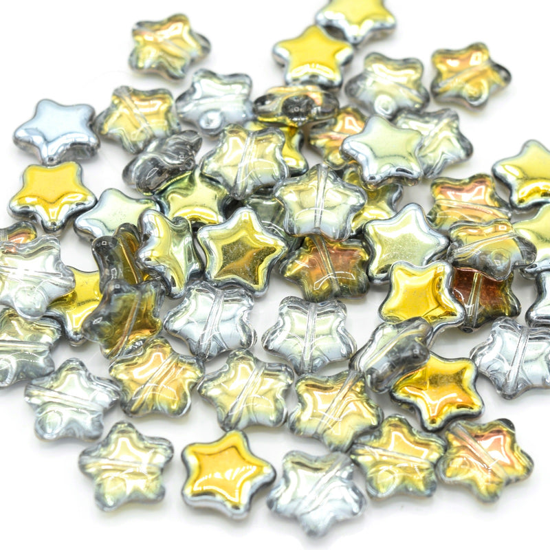 Czech Pressed Glass Star Beads 12mm (20pcs) - Silver / Metallic Gold