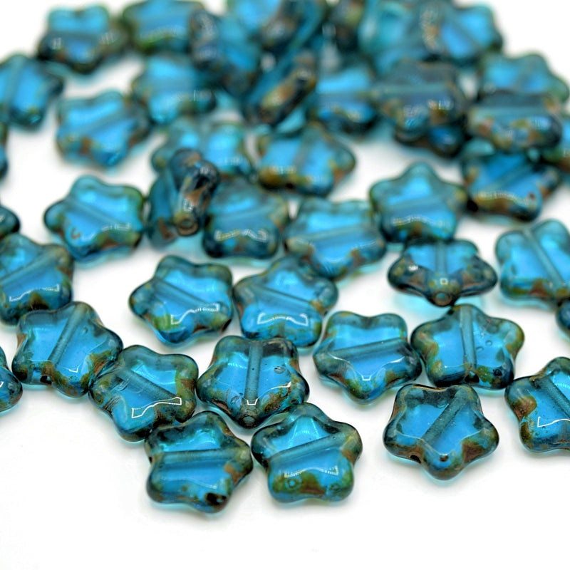 Czech Pressed Glass Star Beads 8mm (40pcs) - Turquoise / Picasso