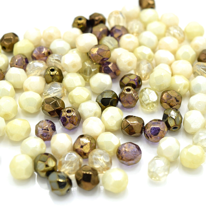 Czech Fire Polished Mix Faceted Glass Round Beads 6mm (60pcs) - Cream
