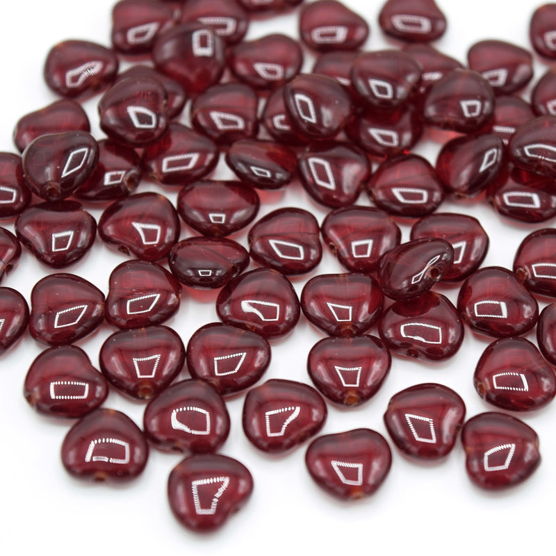 Czech Pressed Glass Heart Beads 8mm,10mm - Dark Red