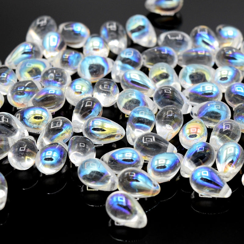 Czech Pressed Glass Drop Beads 4x6mm, 6x9mm, 5x10mm - Clear AB