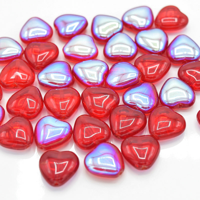 Czech Pressed Glass Heart Beads 8x8mm, 12x11mm - Red AB