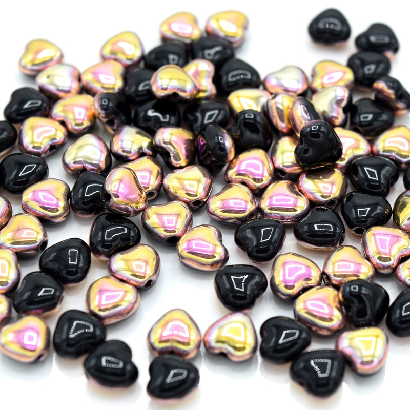 Czech Pressed Glass Heart Beads 6x6mm (60pcs) - Black / Pink / Peach