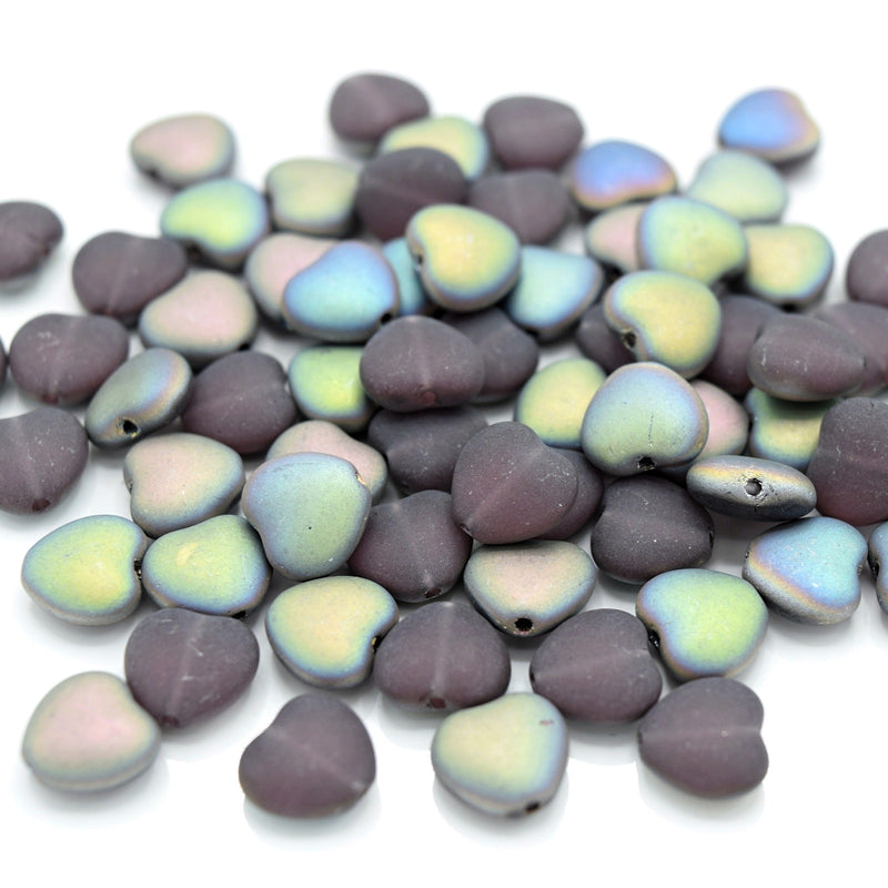 Czech Pressed Glass Heart Beads 8x8mm (60pcs) - Grey / Multi Frosted