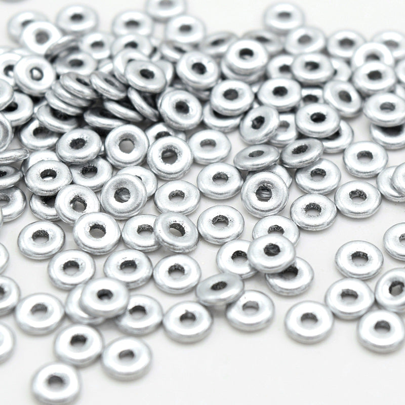 Czech Fire Polished Pressed Glass Round O Beads 4mm (120pcs) - Metallic Silver