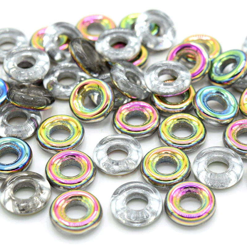 Czech Fire Polished Pressed Glass Round O Beads 9mm (30pcs) - Silver / Multi