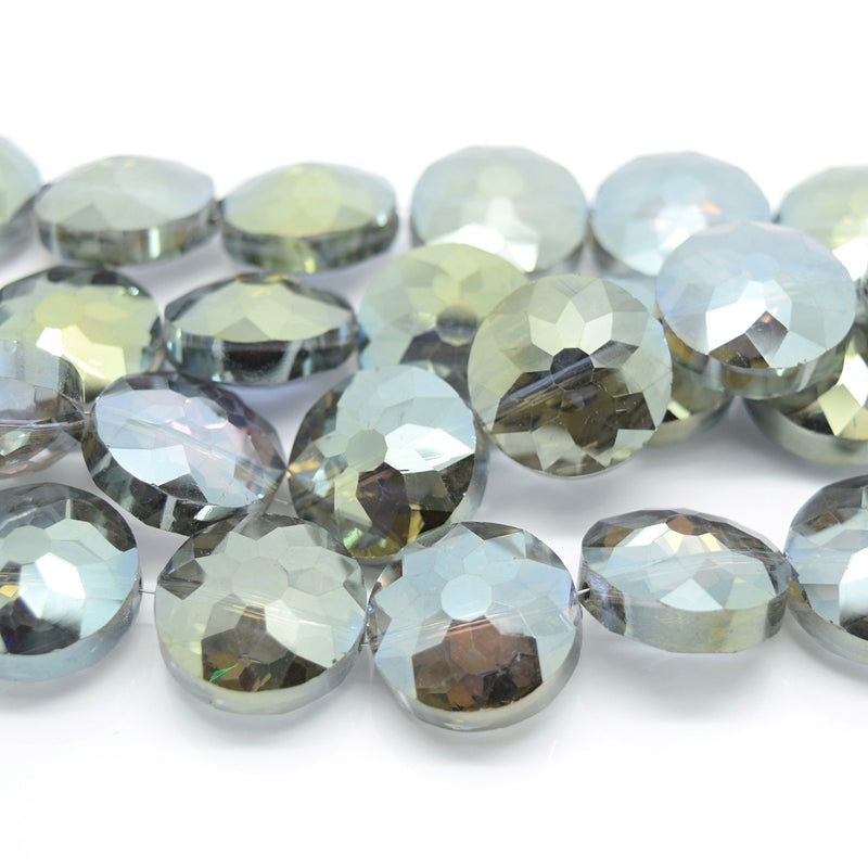 STAR BEADS: 5 x Flat Round Faceted Glass Beads 18x8mm - Grey / Gold - Round Beads