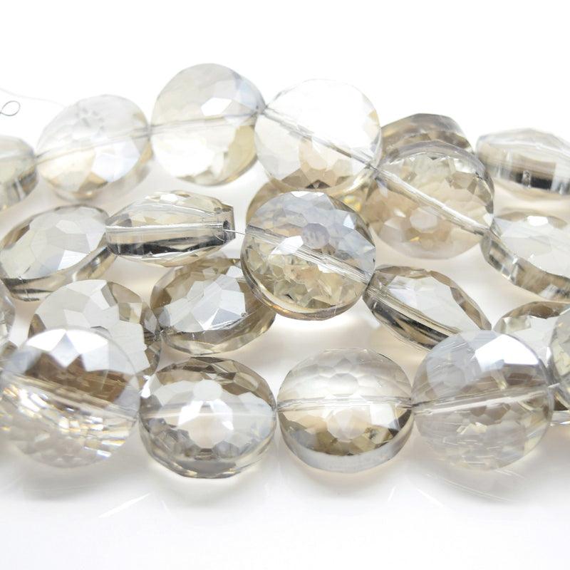 STAR BEADS: 5 x Flat Round Faceted Glass Beads 18x8mm - Silver Shade - Round Beads