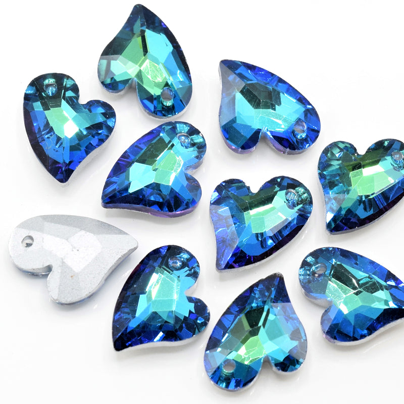 10 x Faceted Glass Heart Pendants Silver Plated 14x12mm - Green / Blue