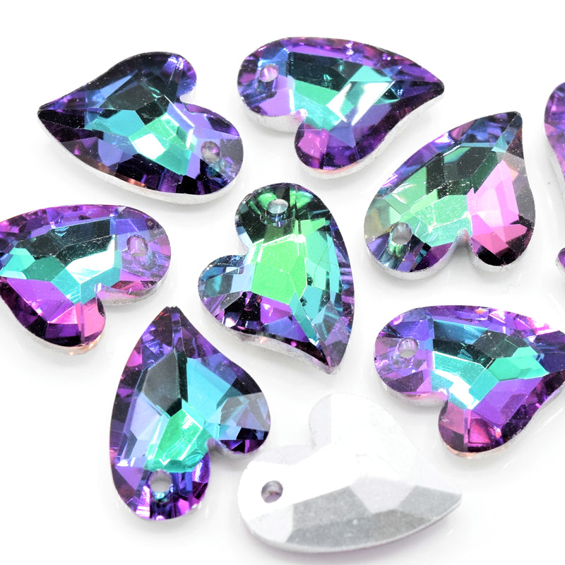 10 x Faceted Glass Heart Pendants Silver Plated 14x12mm - Green / Purple
