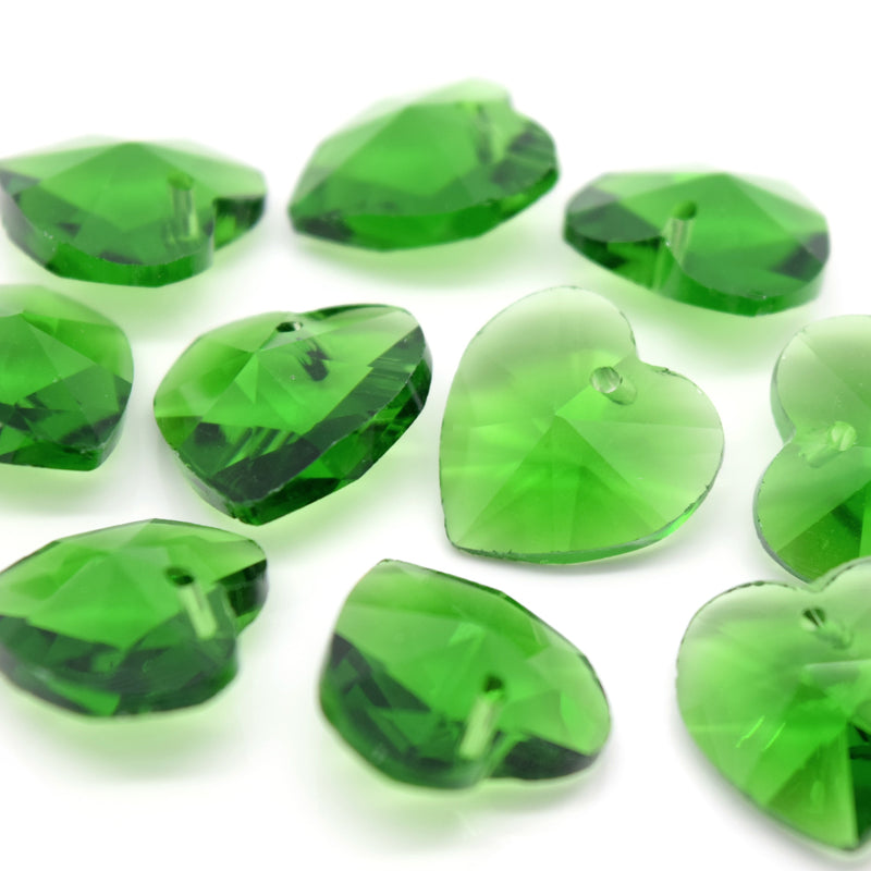 STAR BEADS: 10 x Faceted Glass Heart Pendants 14mm - Fern Green - Pendants