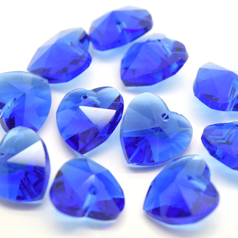 STAR BEADS: 10 x Faceted Glass Heart Pendants 14mm -Sapphire - Pendants