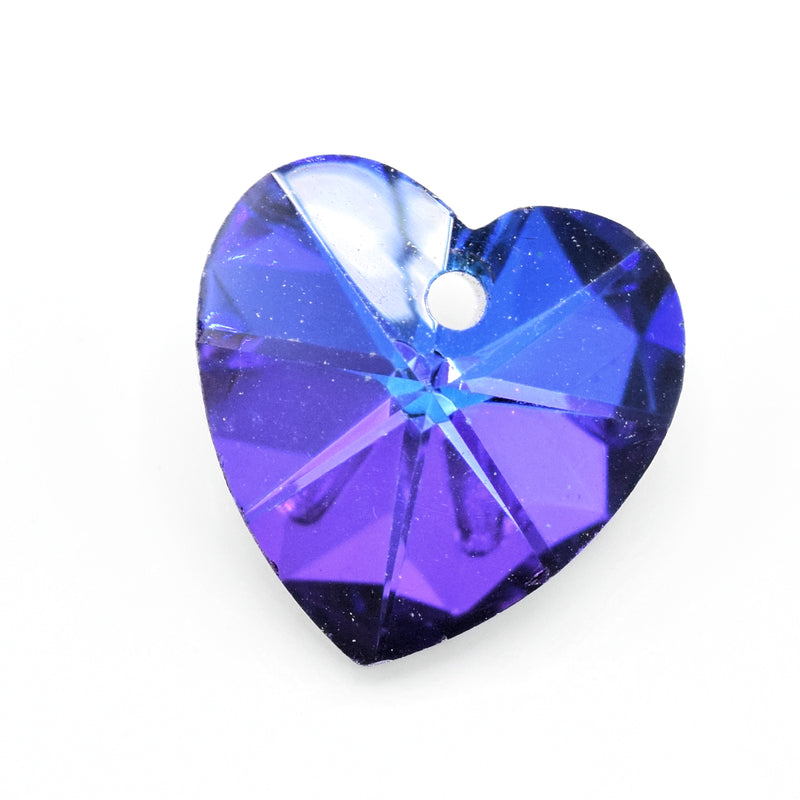 10 x Faceted Glass Heart Pendants Silver Plated 14mm - Blue / Purple