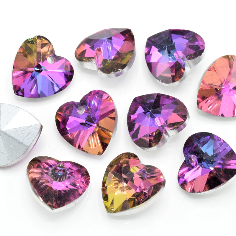 10 x Faceted Glass Heart Pendants Silver Plated 14mm - Pink / Purple
