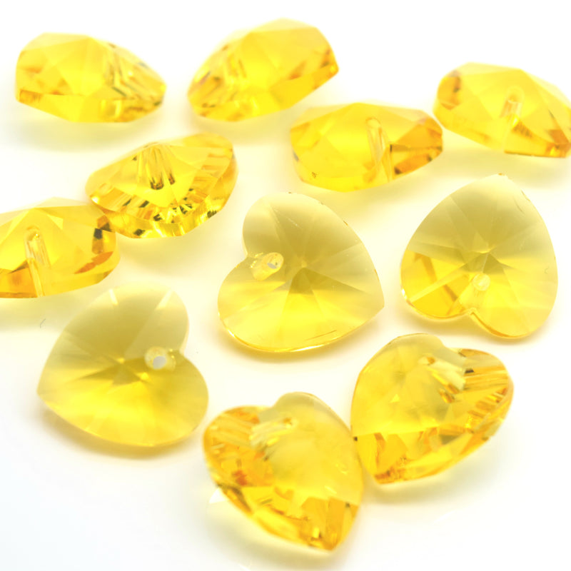 STAR BEADS: 10 x Faceted Glass Heart Pendants 14mm - Yellow - Pendants