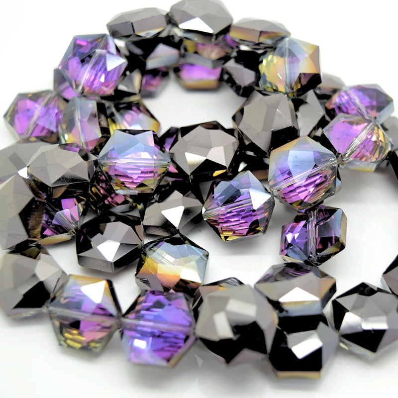 STAR BEADS: 10 x Hexagon Faceted Glass Beads 15x15x7mm - Violet / Metallic Jet - Hexagon Beads