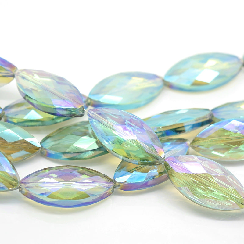 STAR BEADS: 5 x Horse Eye Faceted Glass Beads 25x7x8mm - Green AB - Horse Eye Beads