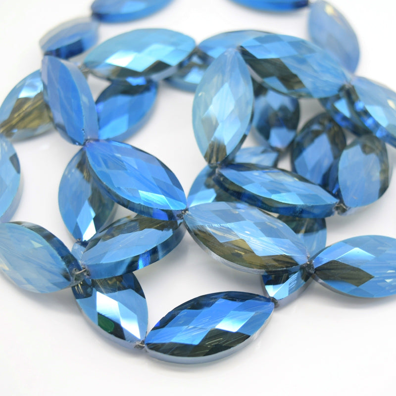 STAR BEADS: 5 x Horse Eye Faceted Glass Beads 25x7x8mm - Grey / Metallic Blue - Horse Eye Beads