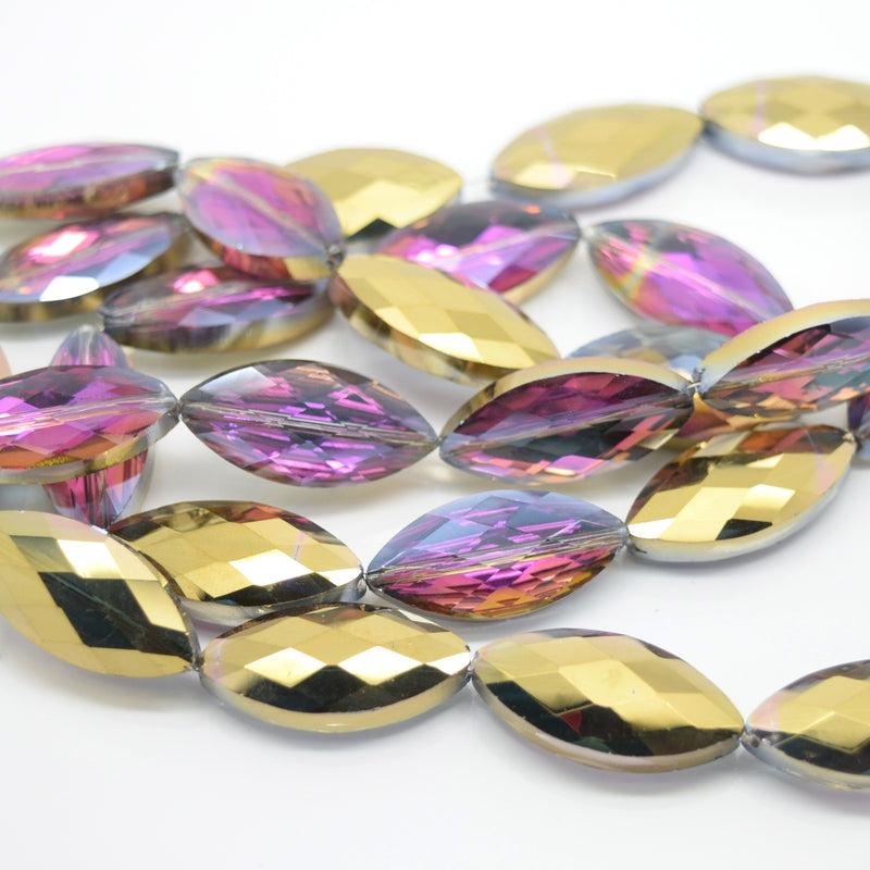 STAR BEADS: 5 x Horse Eye Faceted Glass Beads 25x7x8mm - Violet / Metallic Gold - Horse Eye Beads