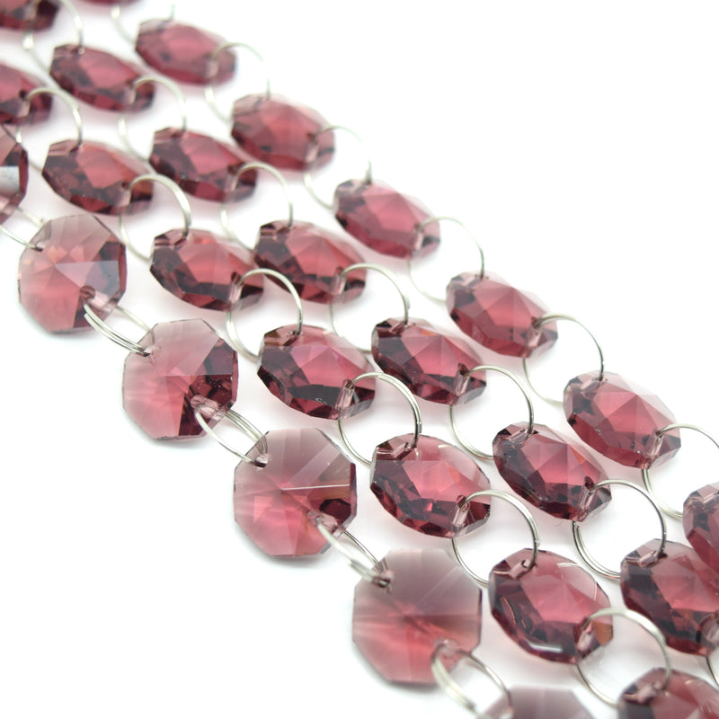 STAR BEADS: 1 Metre Octagon Glass Bead Chain 14mm Amethyst - Silver Rings - Octagon Glass Beads