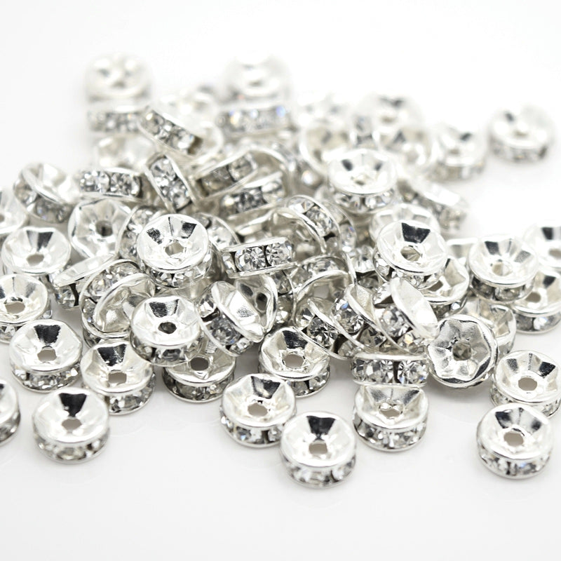 Glass Rhinestone Round Spacer Beads - Straight Edge / Silver Plated
