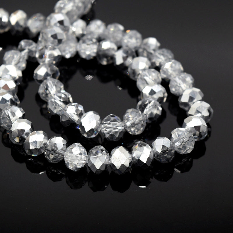 Faceted Rondelle Glass Beads - Clear / Metallic Silver