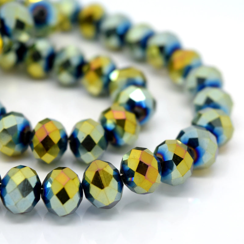 STAR BEADS: FACETED RONDELLE GLASS BEADS - METALLIC GOLD / GREEN - Rondelle Beads