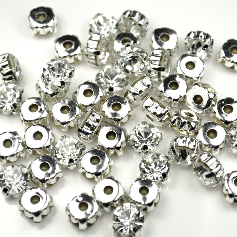 Sew On Glass Rhinestone Silver Plated Beads 5mm
