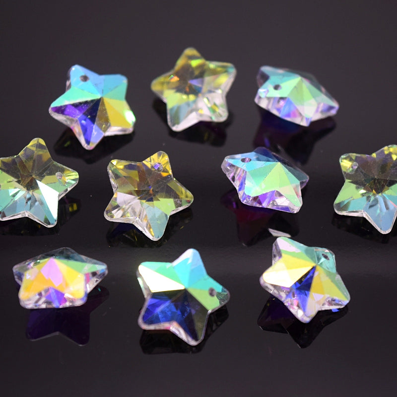 STAR BEADS: 10 x Faceted Glass Star Pendants 14mm - Clear AB - Pendants