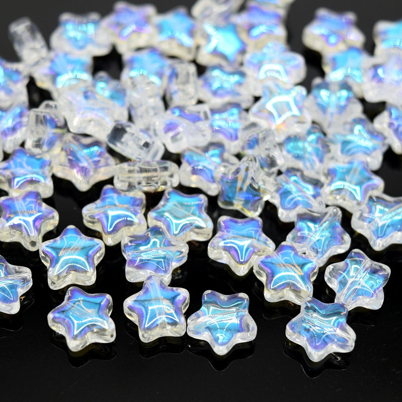 50 x Smooth Glass Star Clear AB Plated Beads 8x8x4mm