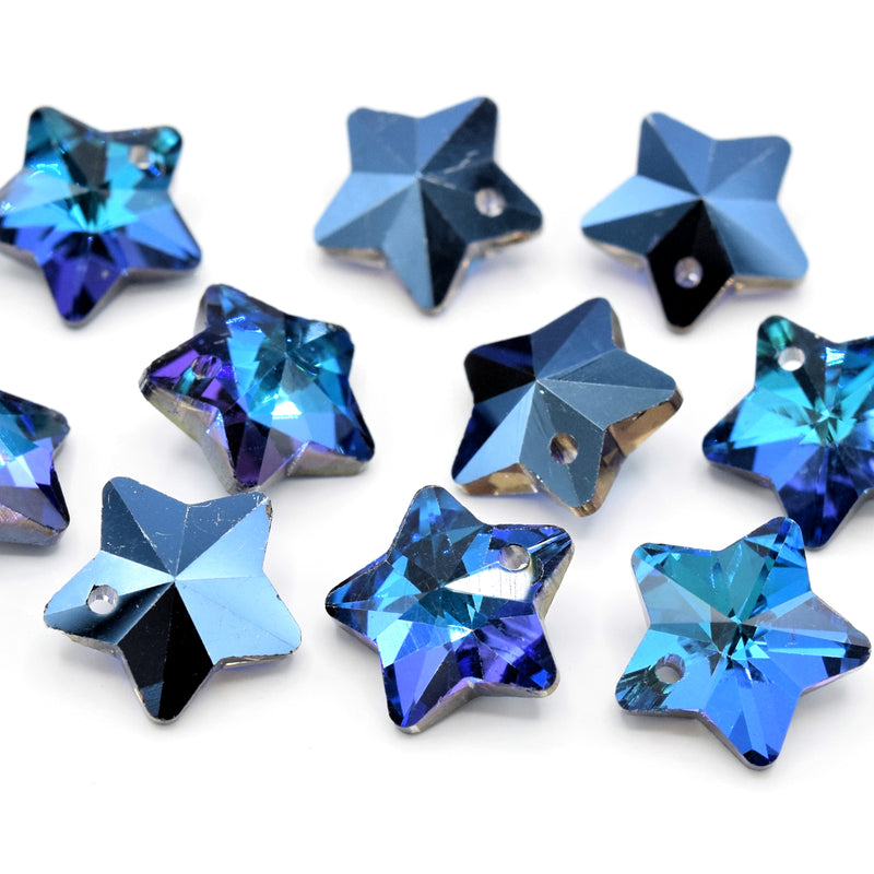 10 x Faceted Glass Star Pendants Metallic Jet Plated 14mm - Blue / Purple