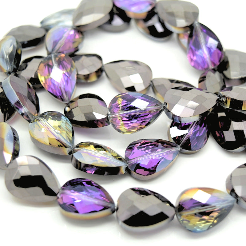 STAR BEADS: 5 x Teardrop Faceted Glass Beads 14x18x7mm - Violet / Metallic Jet - Teardrop Beads