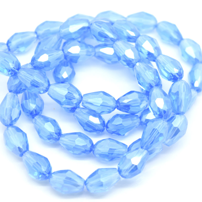 STAR BEADS: 60 x Faceted Teardrop Glass Beads Ice Blue Lustre - 8x11mm - Teardrop Beads