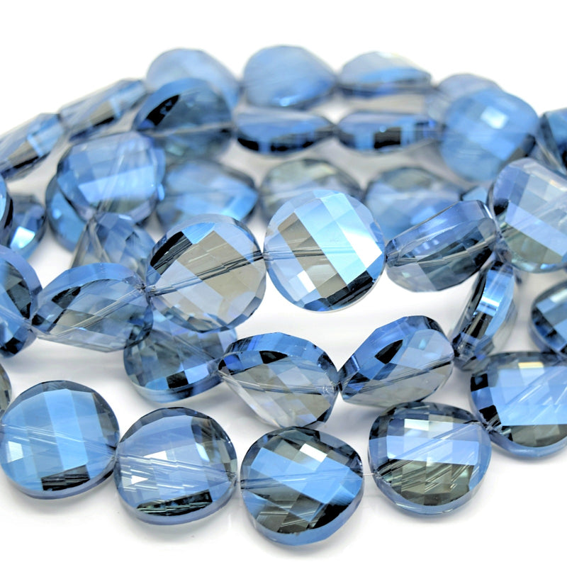 STAR BEADS: 5 x Twist Disc Faceted Glass Beads 18x8mm - Grey / Metallic Blue - Round Beads