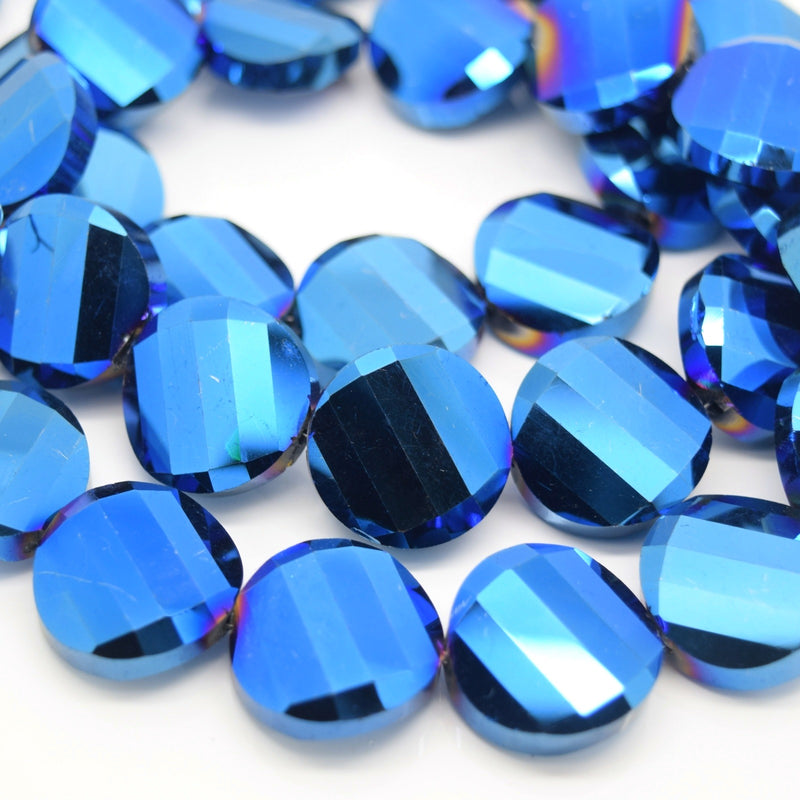 STAR BEADS: 5 x Twist Disc Faceted Glass Beads 18x8mm - Metallic Blue - Round Beads