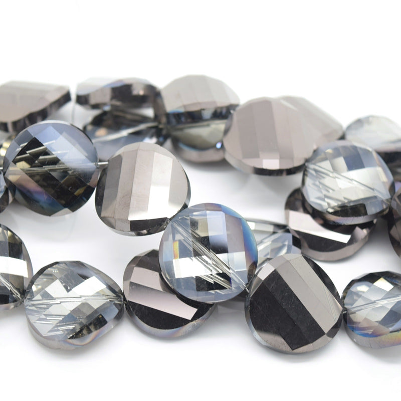 STAR BEADS: 5 x Twist Disc Faceted Glass Beads 22x8mm - Grey / Metallic Jet - Round Beads