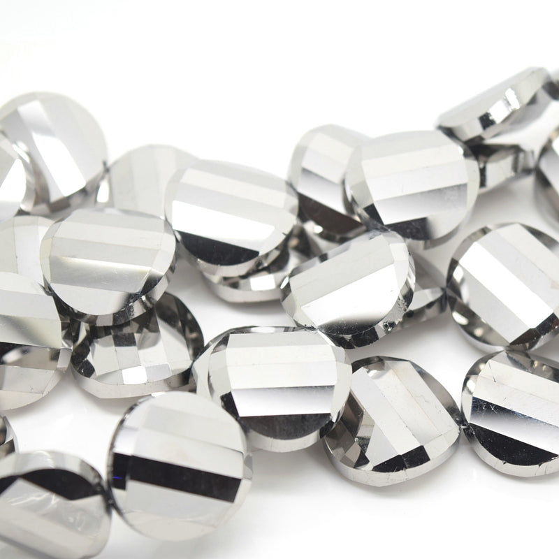 STAR BEADS: 5 x Twist Disc Faceted Glass Beads 22x8mm - Metallic Silver - Round Beads