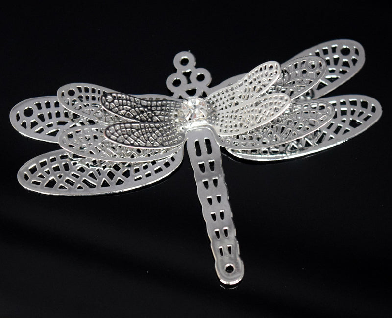 STAR BEADS: 2 x Filigree SP Connectors With Rhinestones - Dragonfly 40x61mm - Jewellery Findings