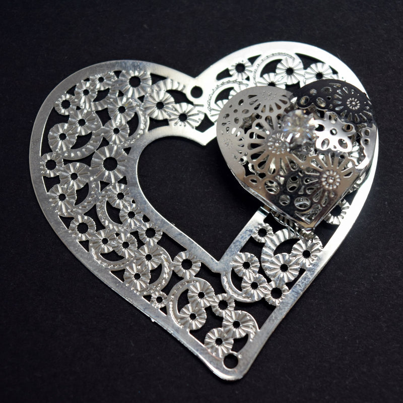 STAR BEADS: 2 x Filigree SP Connectors With Rhinestones - Heart 42x43mm - Jewellery Findings