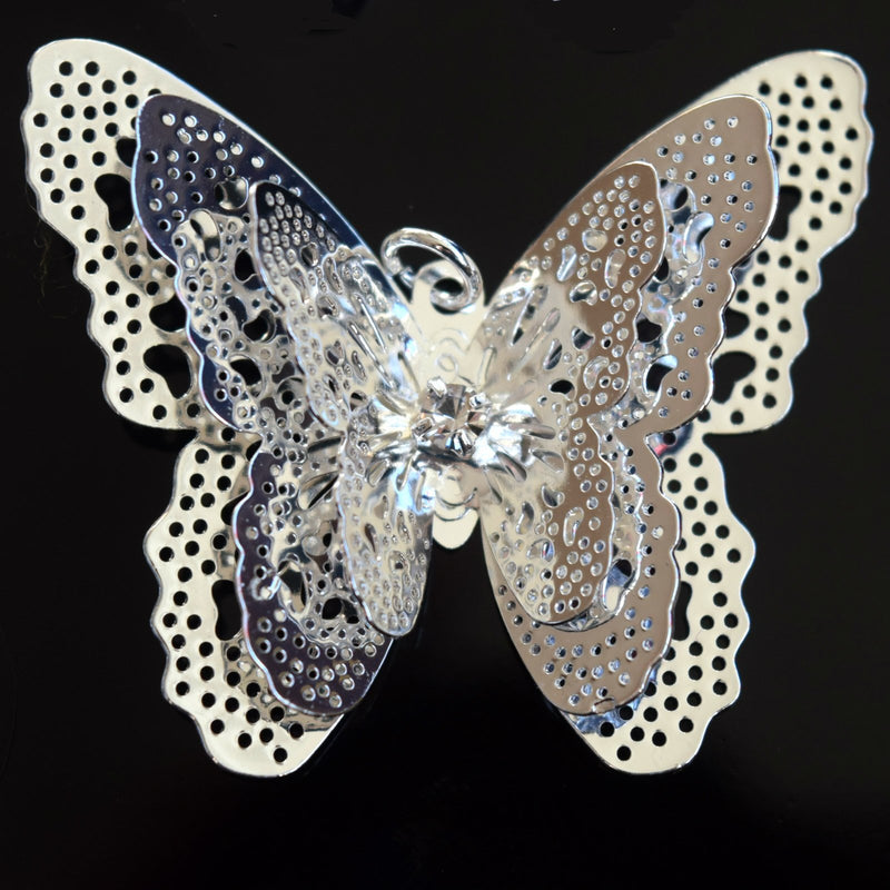 STAR BEADS: 4 x Filigree Butterfly Rhinestone Pendants 40x35mm - Silver Plated - Jewellery Findings