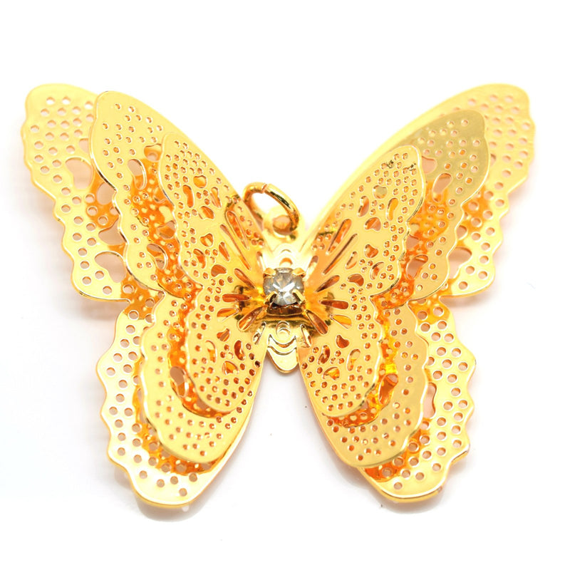 STAR BEADS: 4 x Filigree Butterfly Rhinestone Pendants 40x35mm - Gold Plated - Jewellery Findings